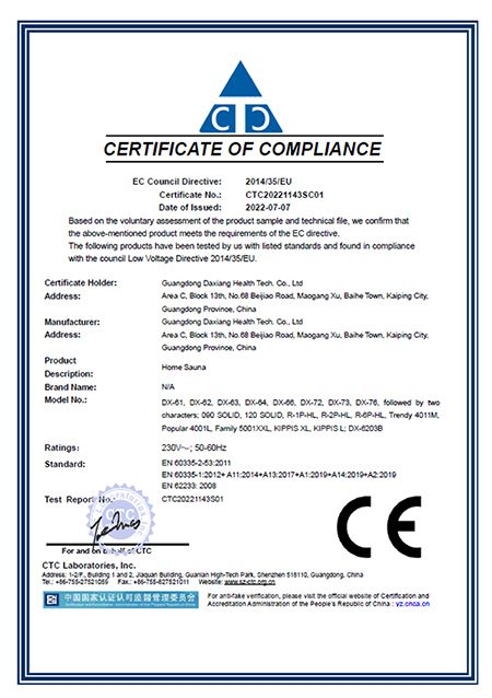 Certification CE pour sauna domestique