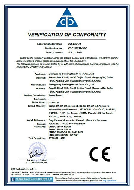 Certification CE pour sauna domestique DX-6203B 